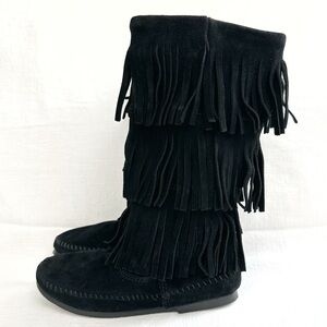 Minnetonka 3 Layer Fringe Calf High Boot Size 7 Black Suede Moccasins